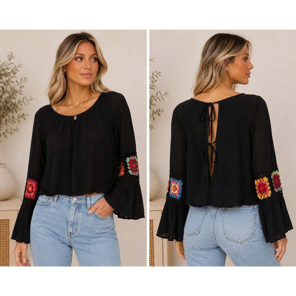 Boho Black Bell Sleeve Crochet Detail Top Women’s Medium
